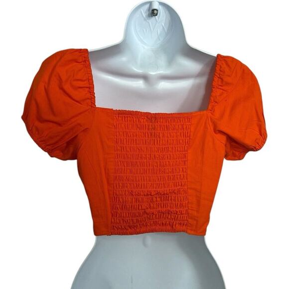 Divided By H&M Orange Corset Blouse Sz XS Puffed Sleeve Smocked Crop Top - Picture 7 of 7